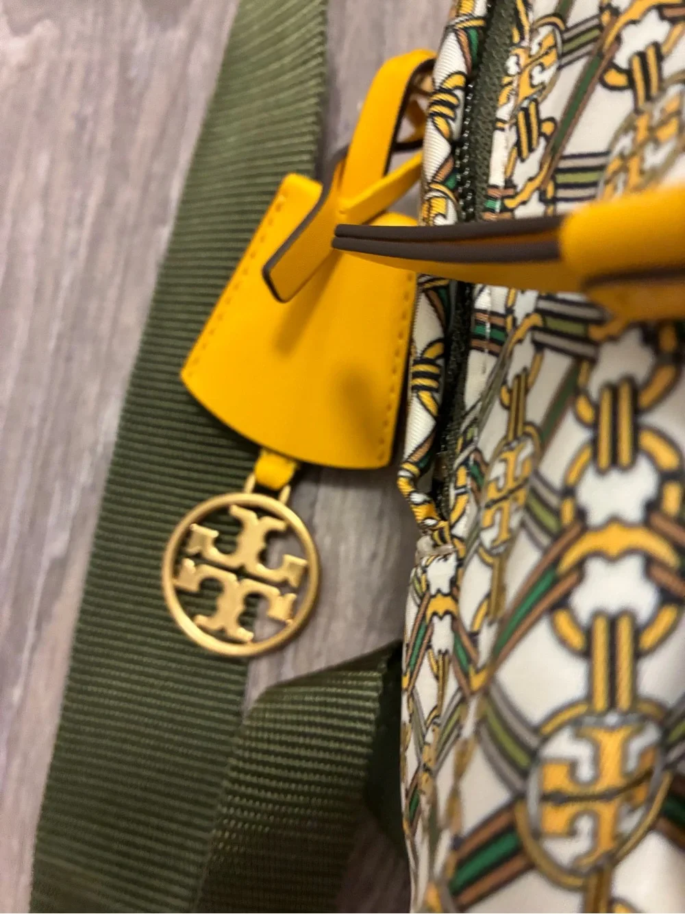 Tory Burch Printed Small Zip Backpack Yellow Green Gemini Medallion